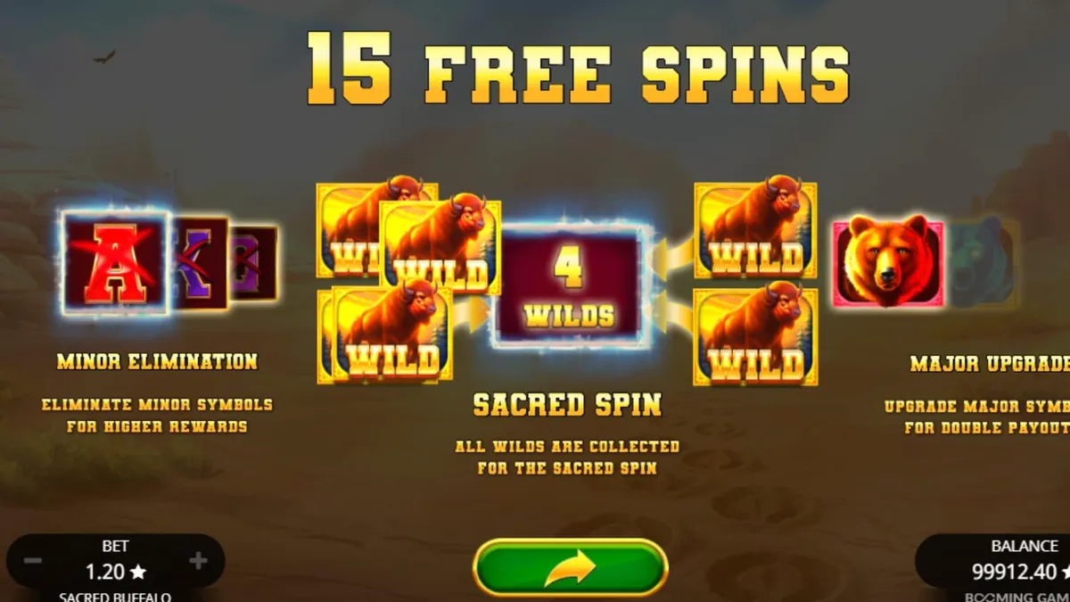 Ang visual na disenyo ng Sacred Buffalo slot na nagpapakita ng mga totem at wildlife sa isang Western setting.