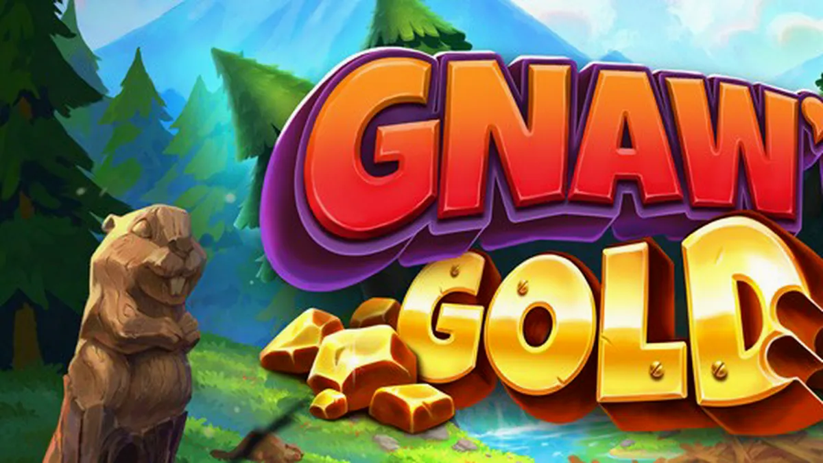 Isang masining na paglalarawan ng Gnaw’n Gold slot machine na nagpapakita ng mga beaver at gintong elemento.
